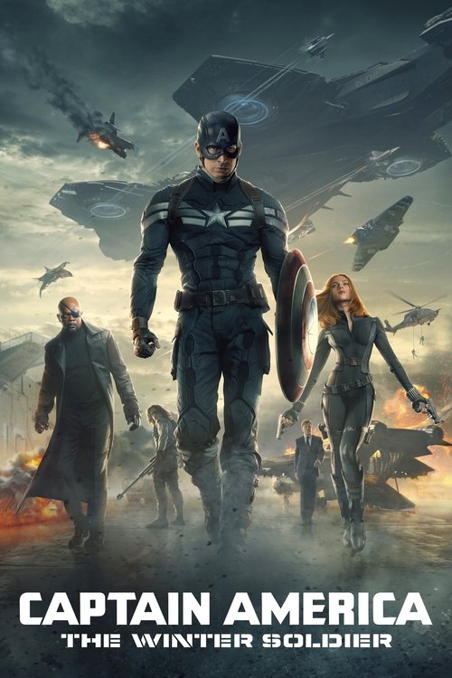 The poster features Captain America in a heroic stance, surrounded by allies and adversaries. The dark, stormy sky and muted colors create a tense atmosphere, emphasizing the film's dramatic and action-packed nature.
