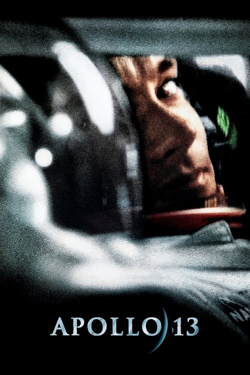 The poster features a close-up of a man in a space suit, his face illuminated by the harsh light of the moon. The dark, moody atmosphere conveys the urgency and danger of the mission. The title "Apollo 13" is prominently displayed in bold, white letters at the bottom.