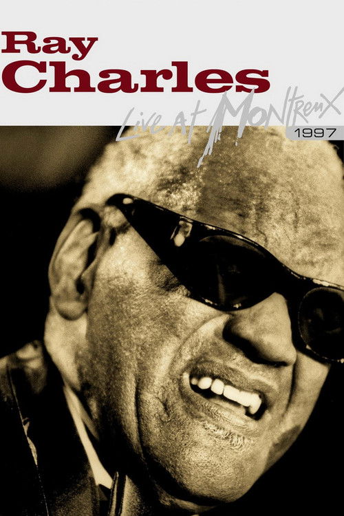 The poster features a black-and-white photograph of Ray Charles wearing sunglasses, exuding a cool and confident vibe. The text "Ray Charles" and "Live at Montreux 1997" are prominently displayed in bold red and black fonts. The overall mood is nostalgic and celebratory, capturing the essence of ...