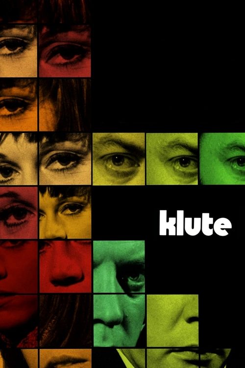The poster features a grid of close-up faces, each rendered in a distinct, vibrant color—red, green, yellow, and black—creating a visually striking and mysterious atmosphere. The word "klute" appears in bold white text against the dark background, hinting at a dark comedy or thriller.