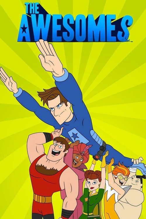 The poster features a dynamic scene with a muscular man in a red tank top and a blue superhero in the background, set against a bright yellow sunburst background. The vibrant colors and energetic pose convey excitement and humor, capturing the essence of the show's comedic tone.