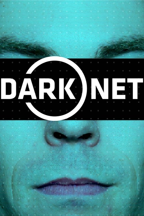 The poster features a close-up of a person's face, partially obscured by a black banner with the bold white text "DARK NET." The image is dominated by cool blue tones, creating a mysterious and suspenseful atmosphere. The person's expression is neutral, adding to the intrigue of the show.