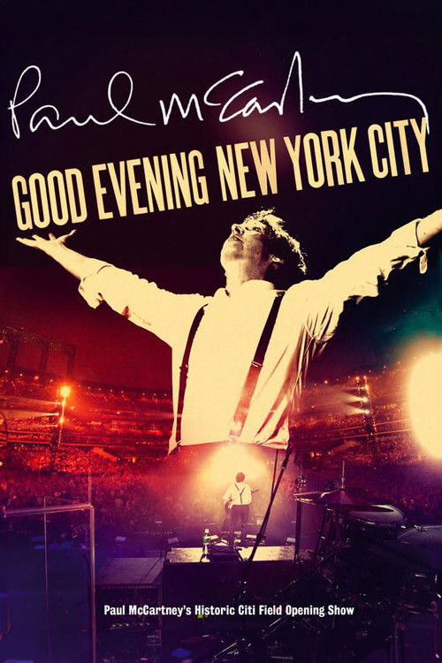 The poster features Paul McCartney with arms outstretched against a vibrant, colorful backdrop. The warm hues of red, orange, and purple create a lively, energetic atmosphere, while the silhouettes of musicians and performers add depth to the scene. The mood is one of celebration and musical pass...