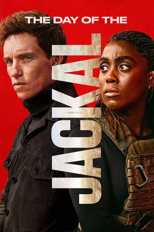 The poster features two characters against a bold red background, with the title "The Day of the Jackal" prominently displayed in large, distressed white letters. The man on the left looks serious and intense, while the woman on the right appears concerned and determined. The overall mood is tens...