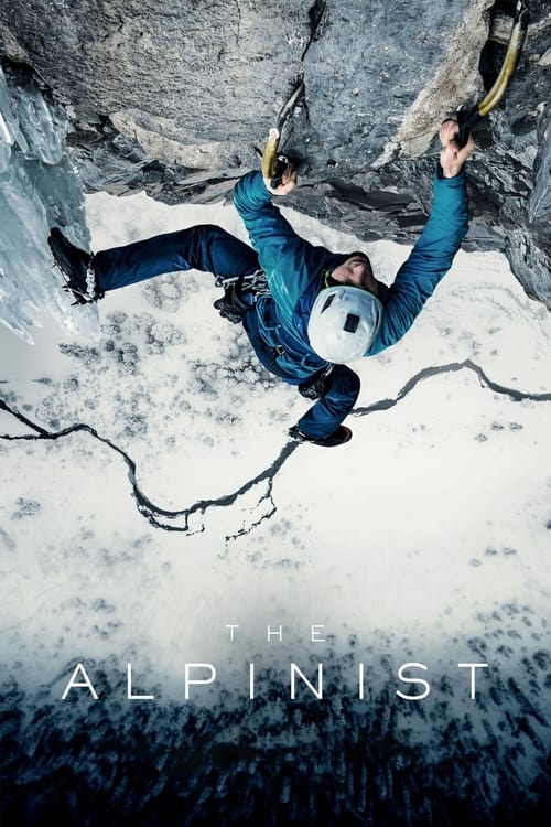 The poster features a climber in a blue jacket and helmet scaling a rugged, textured rock face, evoking an adventurous and challenging atmosphere. The cool, monochromatic tones of the image, combined with the bold white text, create a visually striking and dynamic composition that captures the es...