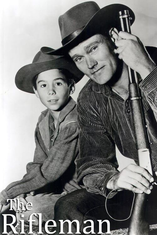 This black-and-white poster features a rugged cowboy man and young boy in period clothing, holding a rifle. The sepia-toned image evokes a nostalgic, gritty atmosphere, capturing the essence of the classic TV show's western genre.