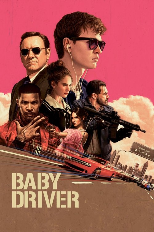 The poster features a group of characters in a vibrant pink sky, with one central figure wearing sunglasses and a red car. The mood is adventurous and energetic, capturing the essence of the film's action-packed narrative.