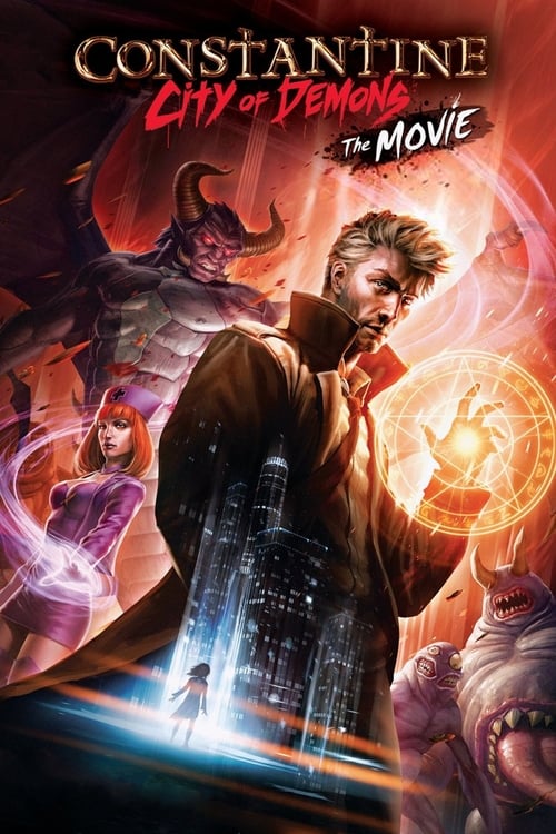 The poster features a central figure in a trench coat against a fiery backdrop, surrounded by demonic figures and mystical energy. The warm orange and red hues create an intense, supernatural atmosphere, while the dark cityscape below adds depth. The overall mood is dramatic and mysterious, hinti...