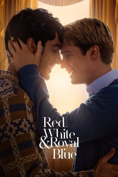 The poster features two men in an intimate pose against a warm, golden background, symbolizing the film's themes of love and identity. The colors of red, white, and royal blue dominate the composition, representing the movie's core themes. The mood is romantic and emotional, capturing the essence...