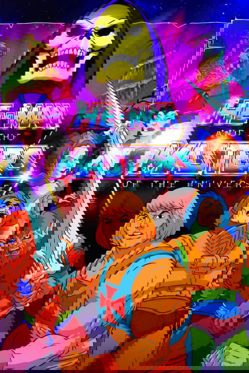 This vibrant poster showcases the iconic He-Man and the Masters of the Universe, featuring muscular heroes in dynamic poses against a cosmic backdrop. The scene is bathed in electric blues and purples, with glowing blue swords and a menacing skull emblem. The energetic, heroic atmosphere captures...