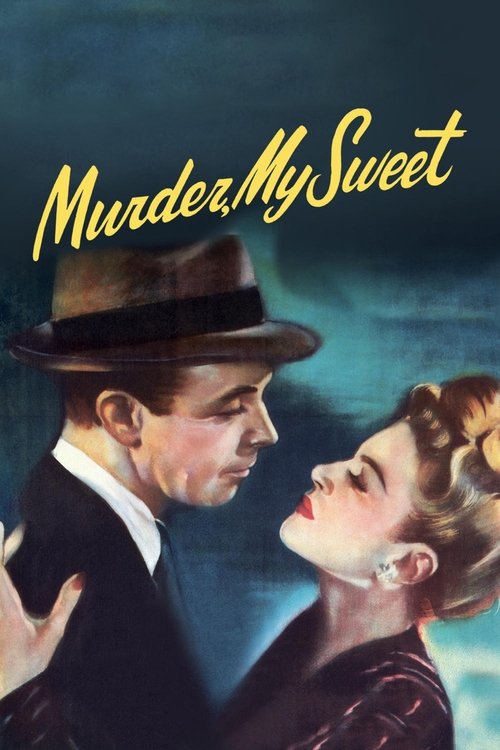 This vintage movie poster depicts a romantic scene with a man in a hat and a woman in a dark dress, their faces close together against a deep blue background. The title "Murder, My Sweet" is elegantly written in yellow script at the top. The mood is one of longing and passion, capturing the essen...
