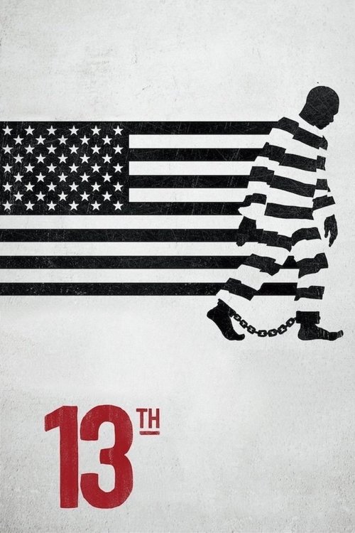 The poster features a silhouette of a person in a striped prison uniform against the backdrop of the American flag. The red "13TH" text stands out prominently, conveying a sense of mystery and intrigue. The muted tones and stark contrast evoke a somber, suspenseful mood, hinting at themes of free...