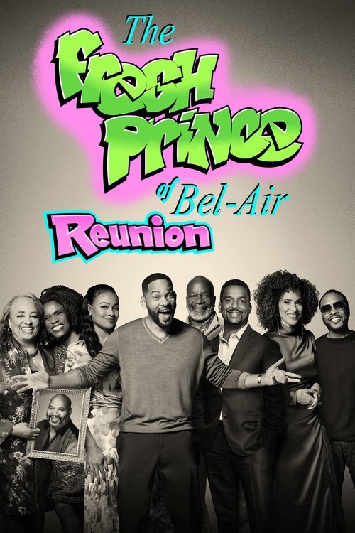 The poster features a group of smiling characters in black-and-white, with vibrant pink and blue accents on the title. The mood is cheerful and nostalgic, capturing the essence of the original show.