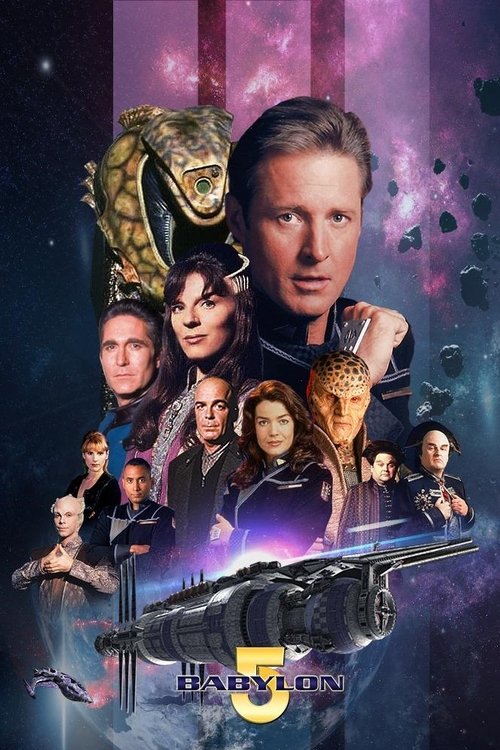 This poster features a group of iconic characters from the Babylon 5 series, including the main cast in a dramatic pose against a cosmic backdrop. The vibrant colors of purple and blue evoke a sense of wonder and adventure, while the large, imposing figure of the protagonist adds a sense of autho...