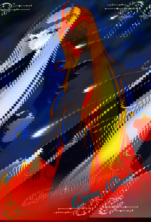 This poster features a striking anime-style character with long golden hair and a red headband, exuding an aura of power and mystery. The vibrant red and black color scheme creates a dramatic and intense atmosphere, while the glowing effects suggest magic or supernatural abilities. The title "Que...