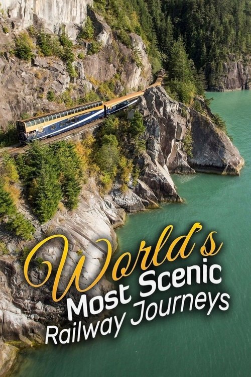 The poster showcases a breathtaking railway journey through a stunning mountainous landscape, with vibrant turquoise waters and lush greenery. The scene captures the essence of adventure and exploration, evoking a sense of wonder and excitement. The golden text "World's Most Scenic Railway Journe...