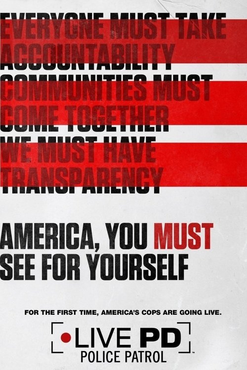 The poster features bold red and white stripes against a clean white background, symbolizing vigilance and community. The text emphasizes accountability, transparency, and the need for police cooperation. The design conveys a serious yet hopeful tone, reflecting the show's focus on real-world pol...