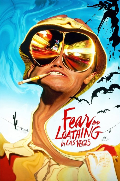 This movie poster features a striking close-up of a man in a golden hat and sunglasses, smoking a cigarette against a vibrant blue sky. The bold red title "Fear and Loathing in Las Vegas" dominates the lower portion, evoking a sense of rebellion and danger. The overall composition conveys a gritt...