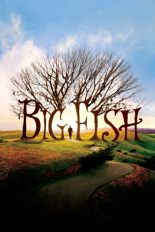 The poster features a serene landscape with a large, leafless tree dominating the center, its branches reaching toward a bright blue sky. A winding path leads through the fields, evoking a peaceful, almost magical atmosphere. The title "Big Fish" is prominently displayed in bold, golden letters, ...
