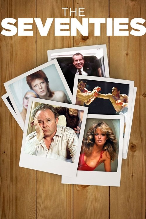 The poster features a collage of vintage Polaroid photos of celebrities from the 1970s, set against a warm wooden background. The warm tones and nostalgic imagery evoke a sense of glamour and timelessness, capturing the essence of the decade's cultural moment.