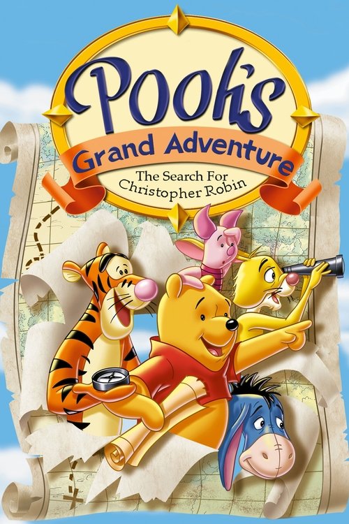 This vibrant movie poster features Pooh, Christopher Robin, and other friends in a cheerful adventure scene. The bright colors and playful characters create a joyful and adventurous mood, inviting viewers to join the search for Christopher Robin.