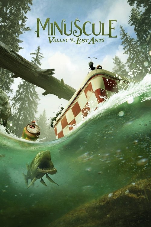 The poster features a whimsical underwater scene with a small, green ant-like creature swimming near a charming, red-and-white checkered house. A large tree branch arches over the water, creating a surreal atmosphere. The colors are vibrant, blending greens, reds, and whites against a bright blue...