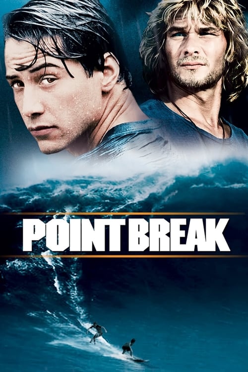 The poster features two surfers in a dramatic ocean scene, with one looking intense and the other relaxed. The title "POINT BREAK" is prominently displayed in bold white letters against a dark background. The overall mood is adventurous and action-packed, capturing the essence of the surf movie.
