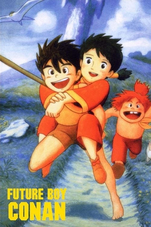 The poster features two animated characters, a boy and a girl, joyfully riding a horse through a dreamy landscape. The vibrant colors of orange, blue, and green create a cheerful and lively atmosphere. The title "Future Boy Conan" is prominently displayed in bold yellow letters at the bottom.