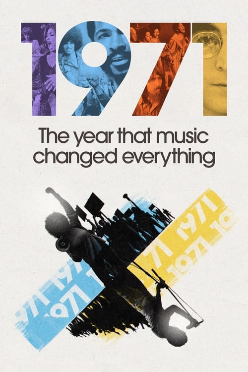 The poster features bold typography with "1971" in colorful, fragmented letters, evoking a sense of transition and change. The background is filled with abstract, dynamic shapes and figures in vibrant hues like blue, orange, and yellow, suggesting movement and energy. The overall mood is one of n...