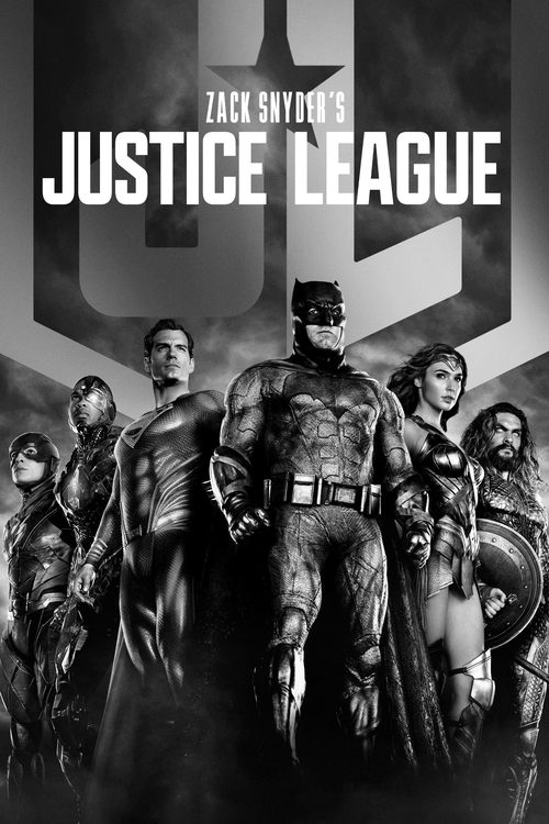 The poster features a group of superheroes in a dramatic, monochromatic setting. The central figure, clad in a dark, textured costume, stands prominently against a backdrop of bold, stylized lettering. The mood is intense and heroic, capturing the essence of the Justice League's action-packed nar...