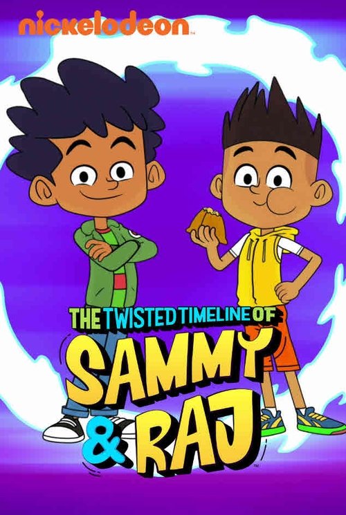 This vibrant Nickelodeon poster features animated Sammy and Raj standing side by side against a dynamic purple background. Their confident poses and expressive faces convey a playful, energetic mood. The bold, colorful title "The Twisted Timeline of Sammy & Raj" dominates the lower portion, empha...