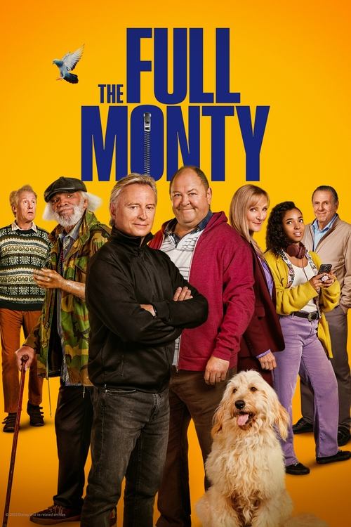 The Full Monty poster features a vibrant yellow background with the title in bold blue letters. A group of diverse characters stands confidently, exuding a lively and humorous atmosphere. The playful expressions and dynamic poses create an engaging and entertaining visual that captures the essenc...