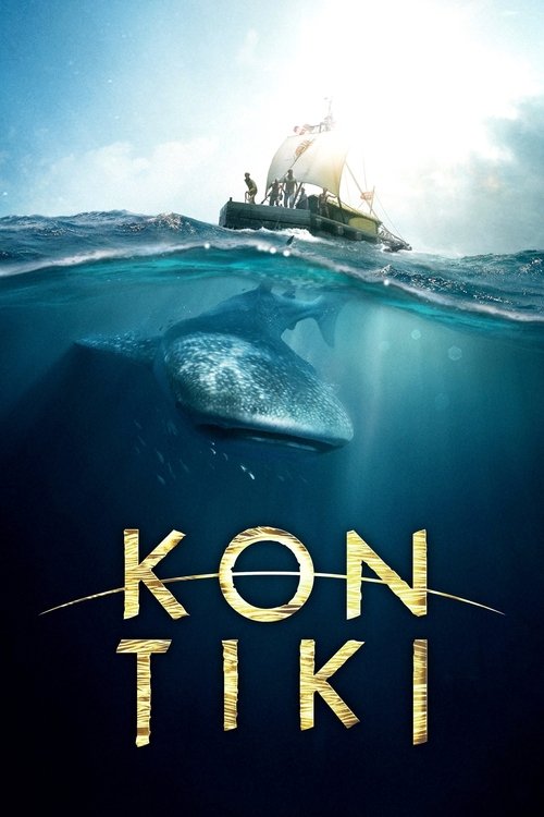 The poster depicts a dramatic underwater scene with a ship sailing toward the sun, its sails billowing in the bright sky. The deep blue ocean contrasts with the golden hues of the ship's sails and the warm light filtering through the water. The title "Kon-Tiki" is prominently displayed in bold, g...