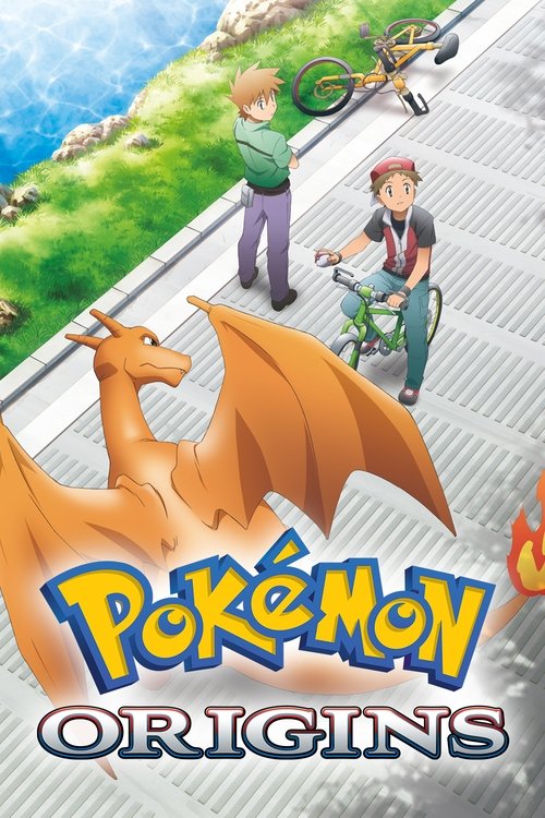 This vibrant poster features two children playing with a Pokémon dragon, set against a bright, sunny backdrop. The warm colors of the characters' clothing and the dragon's orange scales evoke a playful and energetic mood. The title "Pokémon Origins" is prominently displayed in bold, eye-catching ...