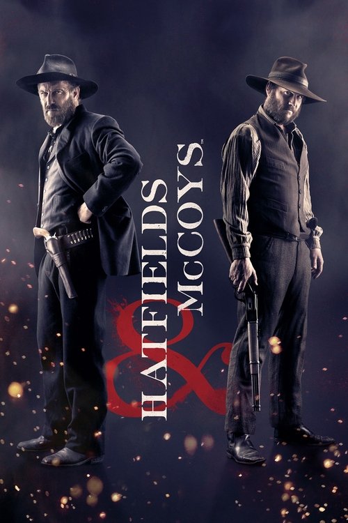 The poster features two men in 19th-century attire against a dark, starry backdrop. The title "Hatfields & McCoys" is elegantly displayed in white and red. The mood is mysterious and historical, evoking the classic Western genre.