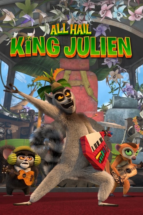 The poster features King Julien, a large monkey with a red guitar, dancing energetically in the center. Surrounding him are smaller characters in colorful outfits, including a monkey on the left and a green-eyed character on the right. The vibrant colors of the background—purple flowers, green fo...