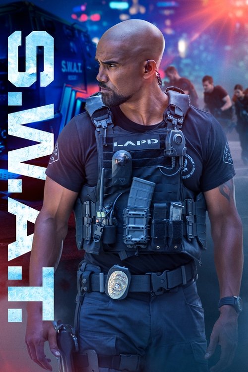 The poster features a muscular police officer in tactical gear, exuding authority and readiness. The vibrant blue and red hues create a high-energy atmosphere, with the bold "S.W.A.T." text dominating the left side. The background hints at an urban setting with blurred figures, suggesting action ...