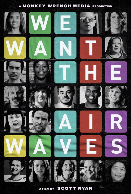 The poster features a grid of black-and-white portraits of diverse individuals against colorful square backgrounds. The title "WE WANT THE AIRWAVES" is prominently displayed in bold, colorful letters. The overall mood is mysterious and intriguing, suggesting a narrative about uncovering secrets o...
