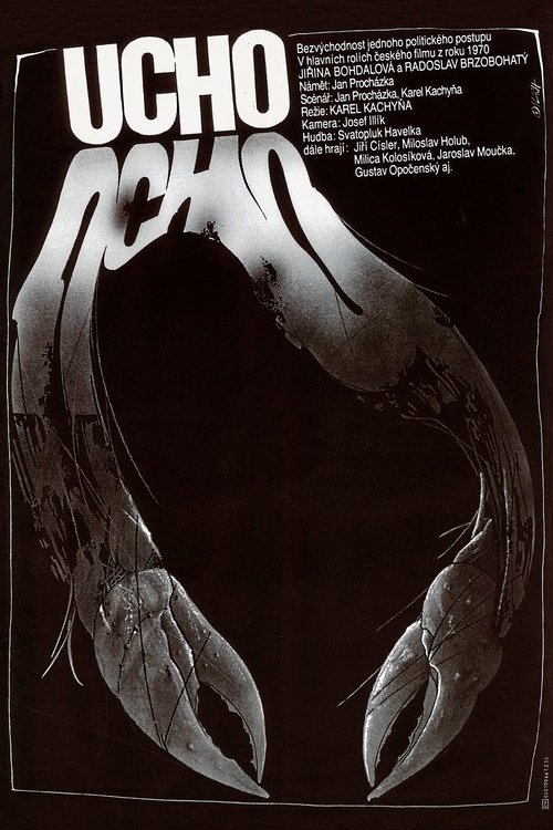 The poster features a striking black-and-white image of a person's head, with the title "The Ear" prominently displayed in bold, stylized lettering. The dark background and monochromatic palette create a mysterious and eerie atmosphere, evoking suspense and intrigue.