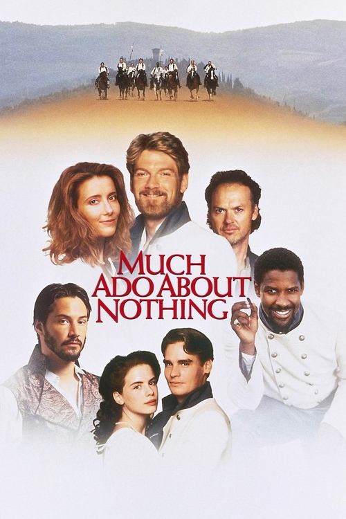 This movie poster for "Much Ado About Nothing" features a group of actors in a warm, inviting setting. The warm tones and soft lighting create a cozy atmosphere, while the central figures exude charm and intrigue. The poster suggests a romantic comedy with a touch of drama, inviting viewers to ex...