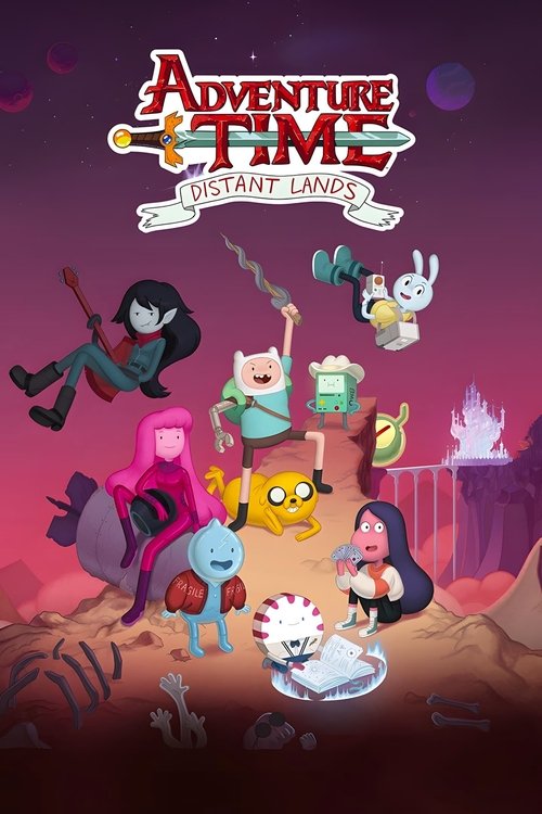 This vibrant poster showcases the beloved characters from Adventure Time in their iconic "Distant Lands" setting. The scene features a lively group of animated characters in a fantastical landscape with purple hues and glowing elements. The mood is adventurous and whimsical, capturing the essence...