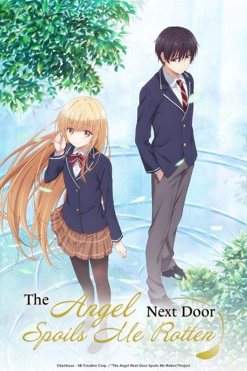 The poster features two anime characters in school uniforms against a bright, dreamy background. The girl with long blonde hair stands on the left, while the boy on the right looks away. The colors are soft and pastel, creating a whimsical and slightly melancholic mood. The title "The Angel Next ...