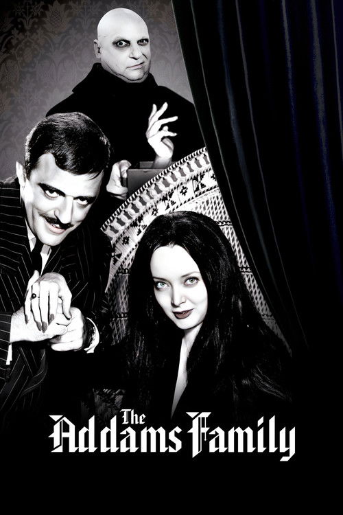 This black-and-white poster features three characters against a dark curtain backdrop. The mood is eerie and mysterious, with the Addams family members exuding their iconic grumpy and gothic charm. The poster captures the essence of the show's dark humor and supernatural elements.