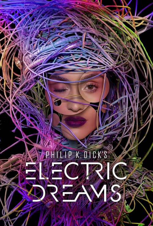 The poster features a mysterious woman with dark eyes and a mask, surrounded by swirling, colorful electric lines that create a dreamlike atmosphere. The vibrant purple and blue hues evoke a sense of mystery and otherworldly wonder, capturing the essence of Philip K. Dick's science fiction fantasy.