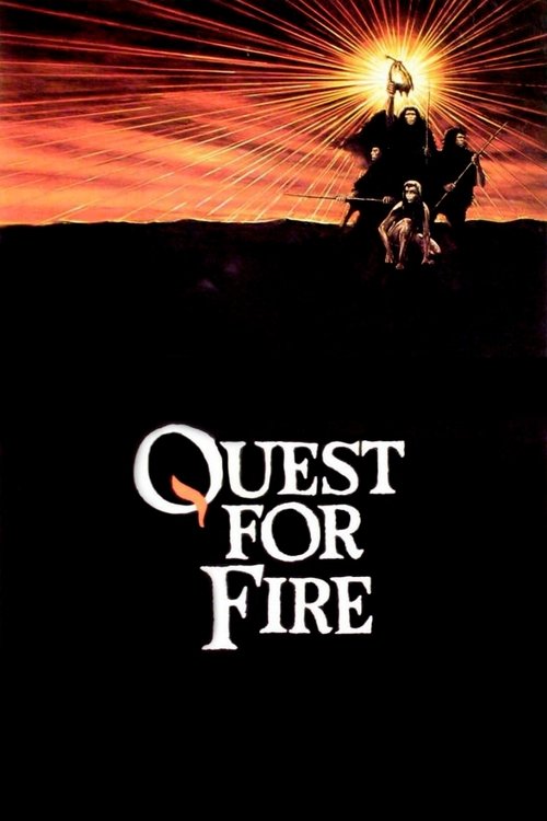 The poster features a silhouette of a warrior on horseback against a dramatic sunset, with radiant rays of light emanating from the horizon. The title "Quest for Fire" is prominently displayed in bold, white lettering at the bottom. The overall mood is adventurous and epic, evoking themes of expl...
