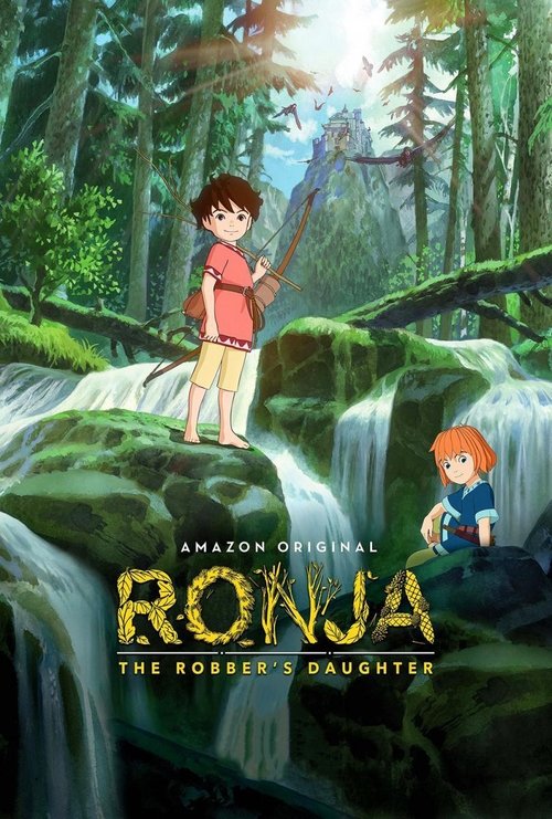 The poster features a young girl with brown hair in a forest, holding a staff, standing on mossy rocks. Another girl with orange hair sits nearby, looking up. The scene is vibrant with greens and browns, conveying a mysterious and adventurous mood. The title "Ronja, the Robber's Daughter" is prom...