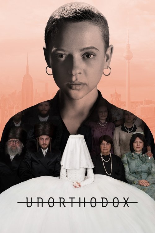 The poster features a striking woman with short hair and piercing eyes, surrounded by smaller images of diverse characters. The warm orange background contrasts with the dark clothing, creating a mysterious and dramatic atmosphere. The title "UNORTHODOX" is prominently displayed at the bottom, hi...