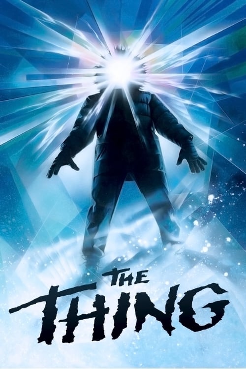 The poster features a mysterious figure standing in a dark room, surrounded by swirling blue and white light that creates an eerie atmosphere. The title "The Thing" is prominently displayed at the bottom, emphasizing the horror and suspense of the film.