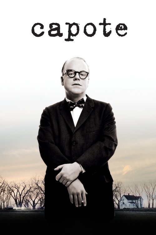 The poster features a man in a black suit and bow tie, standing against a muted sky with bare trees in the background. The title "Capote" is prominently displayed at the top in bold, black letters. The overall mood is somber and mysterious, evoking themes of mystery and intrigue.