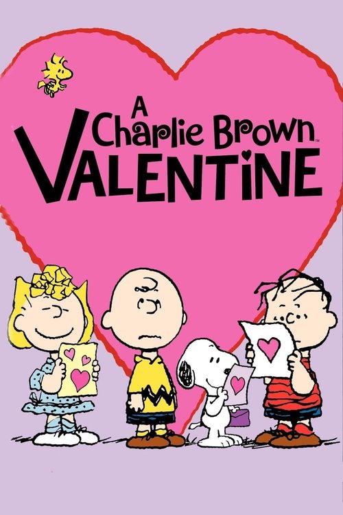 This Valentine's poster features four beloved characters—Charlie Brown, Linus, Snoopy, and Anna—wearing heart-shaped outfits against a vibrant pink heart background. The playful, cheerful mood captures the classic charm of the beloved animated series.